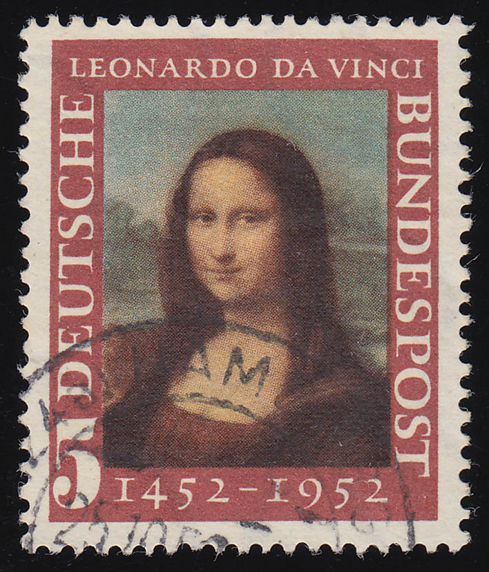 rückseitiger Werbezudruck der Firma Paul Koch auf Briefmarke Mona Lisa
